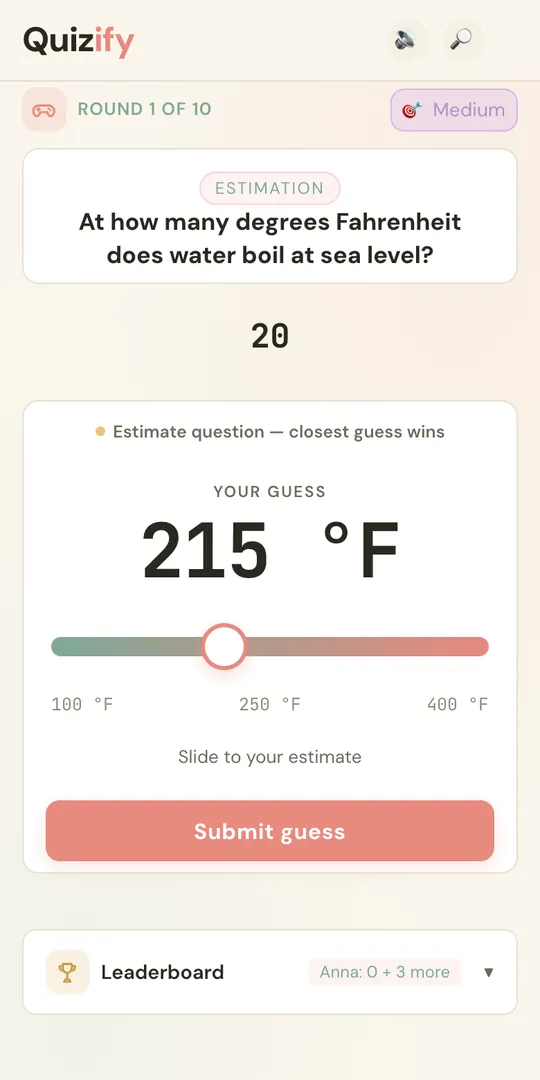 Phone during an estimate question: a slider set to 215 °F and a Submit guess button