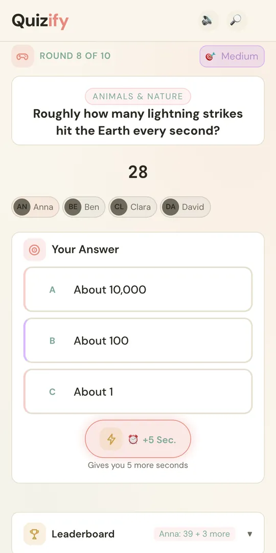 Phone during a question: round 8 of 10, “Roughly how many lightning strikes hit the Earth every second?”, three answers and a +5 Sec power-up button