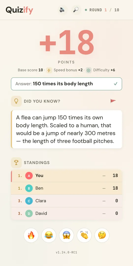 Phone at the reveal: plus 18 points, broken down into base score, speed bonus and difficulty, the correct answer, a fun fact and the standings
